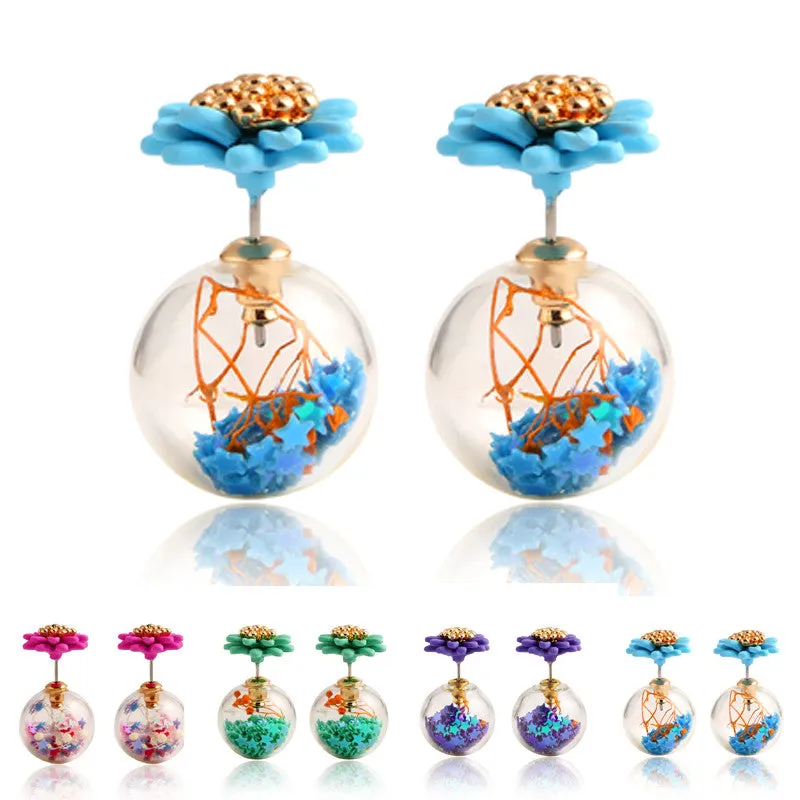 Trendy Ball Double Side Stud Earrings Glass Beads Elegant Sunflower Statement Earrings Summer Style Fashion Jewelry