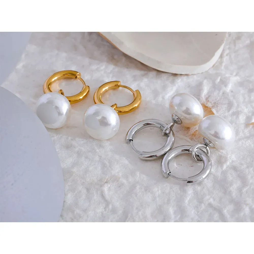 VAIGE Golden Stainless Steel Hoop Earrings with Imitation Pearls - Trendy Fashion Jewelry Charms