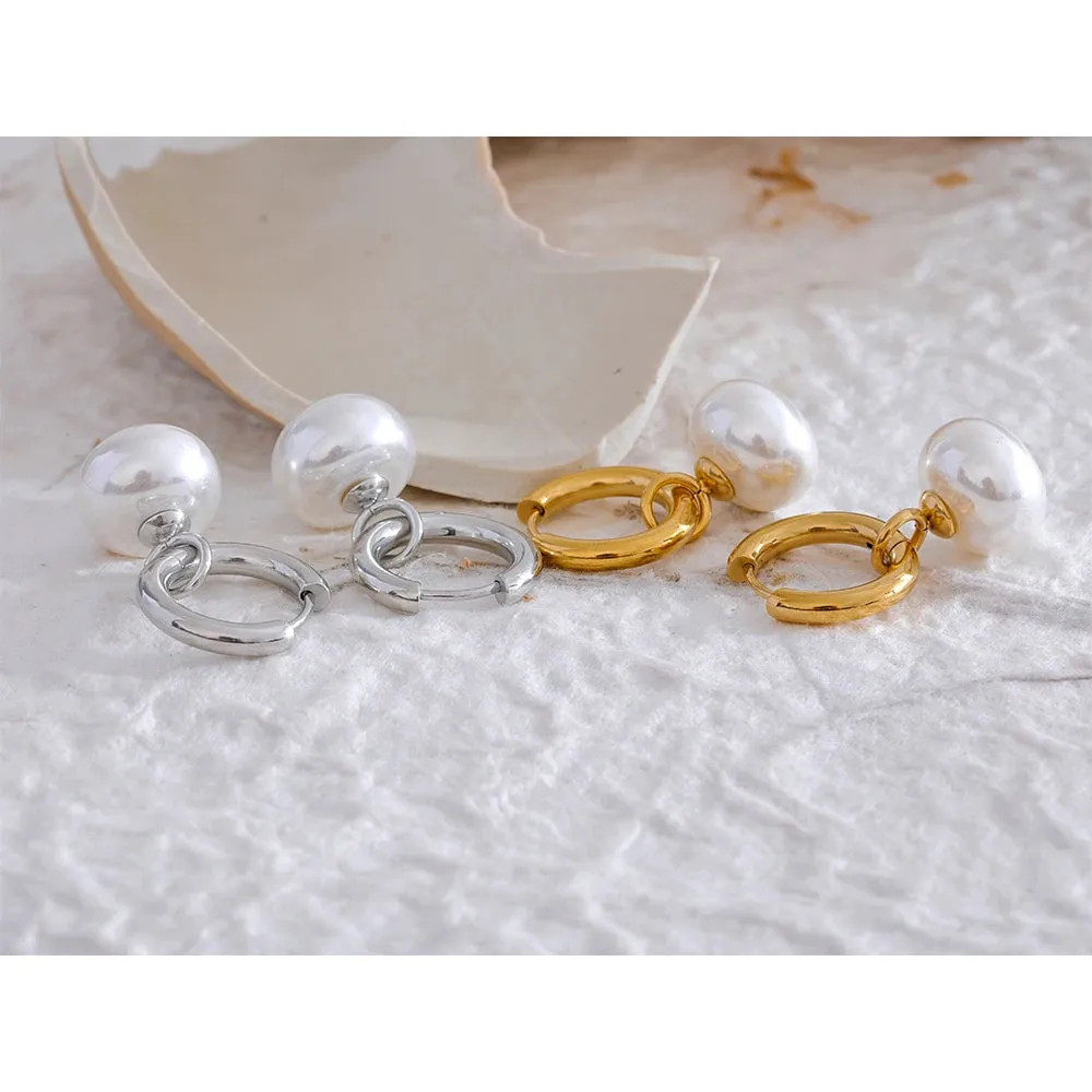 VAIGE Golden Stainless Steel Hoop Earrings with Imitation Pearls - Trendy Fashion Jewelry Charms