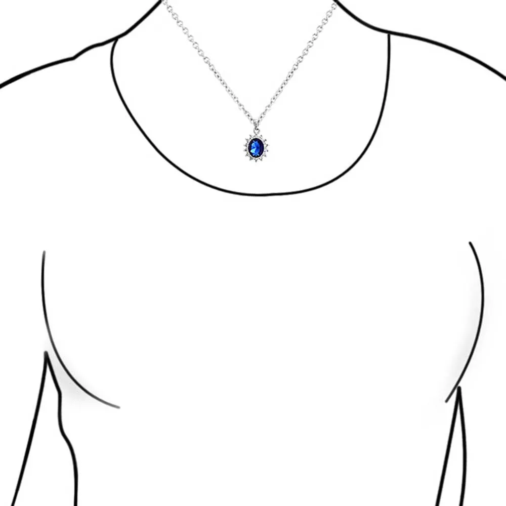 Vintage Royal Blue Sapphire CZ Oval Halo Pendant Necklace in Sterling Silver