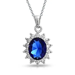 Vintage Royal Blue Sapphire CZ Oval Halo Pendant Necklace in Sterling Silver