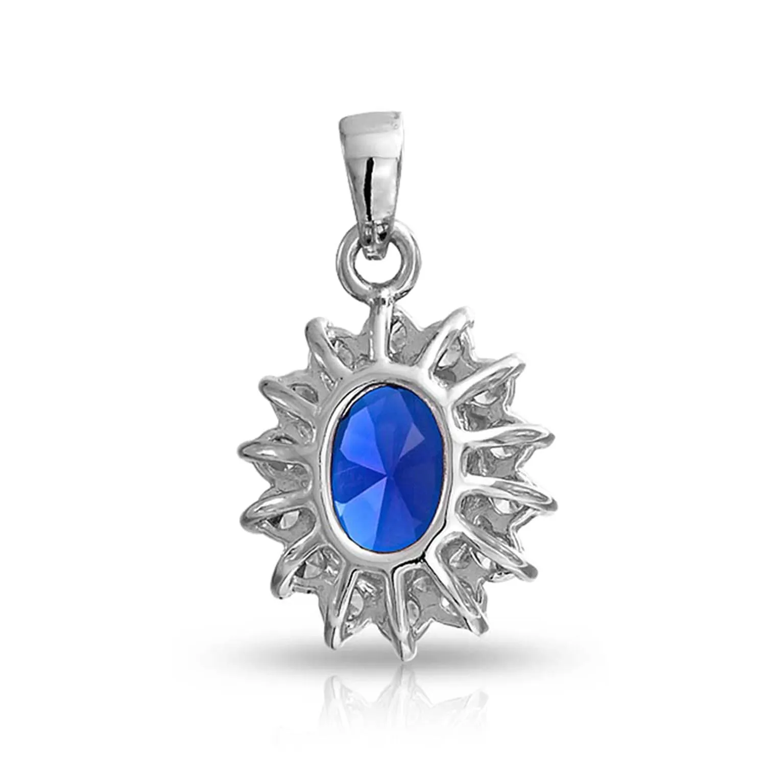 Vintage Royal Blue Sapphire CZ Oval Halo Pendant Necklace in Sterling Silver