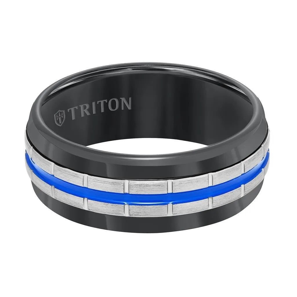 VIRIDIAN Black Tungsten Vertical Grooved Wedding Band with Electric Blue Stripe Center by Triton Rings - 8.5mm