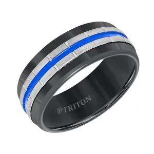 VIRIDIAN Black Tungsten Vertical Grooved Wedding Band with Electric Blue Stripe Center by Triton Rings - 8.5mm