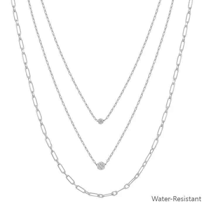 Water-Resistant Gold or Silver Triple-Layered Chain Necklace with Bead Accents (16"-18")  Pool and Beach Ready