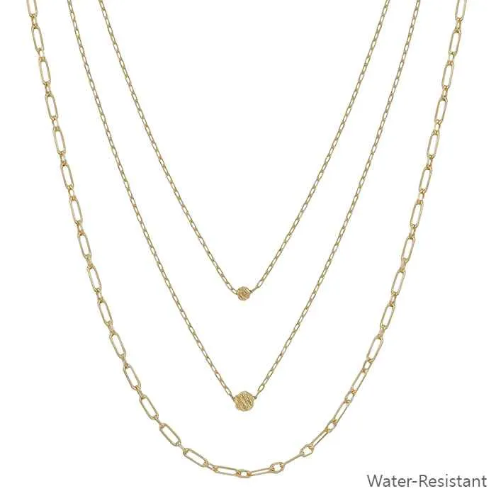 Water-Resistant Gold or Silver Triple-Layered Chain Necklace with Bead Accents (16"-18")  Pool and Beach Ready