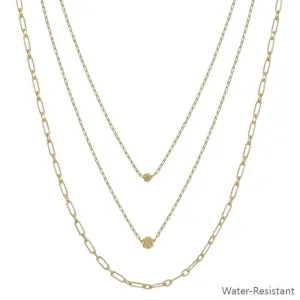 Water-Resistant Gold or Silver Triple-Layered Chain Necklace with Bead Accents (16"-18")  Pool and Beach Ready