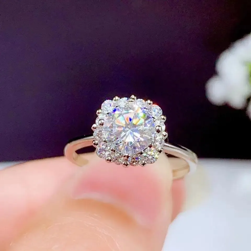 White Gold Plated Silver Halo Moissanite Ring 1ct Center Stone