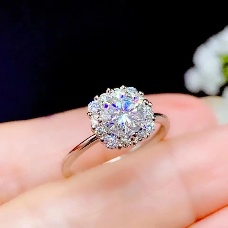 White Gold Plated Silver Halo Moissanite Ring 1ct Center Stone