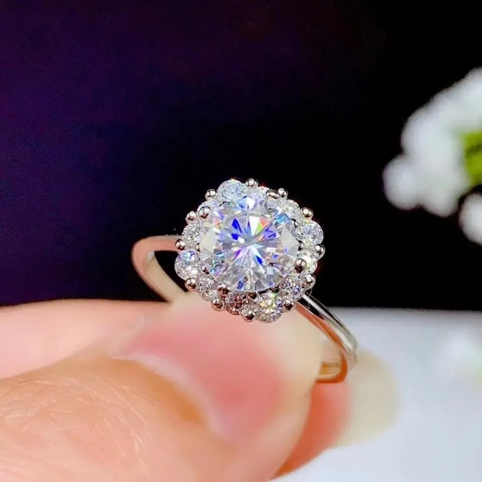 White Gold Plated Silver Halo Moissanite Ring 1ct Center Stone