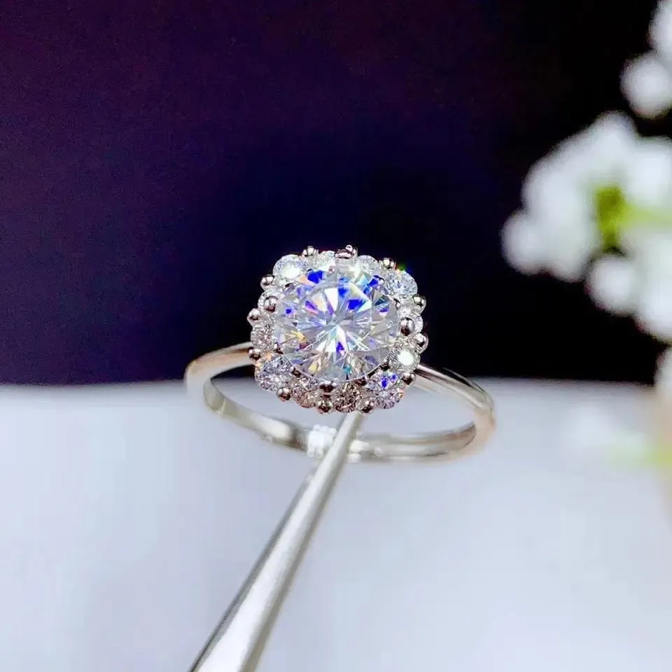 White Gold Plated Silver Halo Moissanite Ring 1ct Center Stone