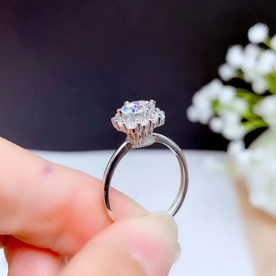 White Gold Plated Silver Halo Moissanite Ring 1ct Center Stone