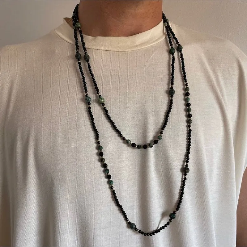 Xander Kostroma Men's Extra Long African Turquoise & Black Onyx Necklace – 168 cm Healing Stone Necklace for Strength, Balance & Protection – Luxury Jewelry for Men